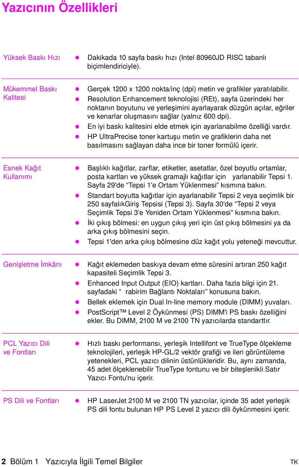 Resolution Enhancement teknolojisi (REt), sayfa üerindeki her noktanın boyutunu ve yerleşimini ayarlayarak dügün açılar, eğriler ve kenarlar oluşmasını sağlar (yalnı 600 dpi).