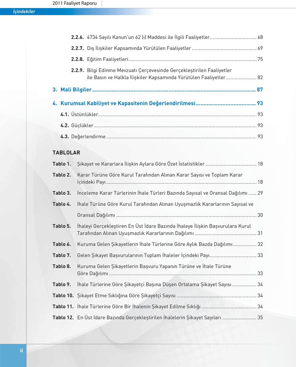 Kurumsal Kabiliyet ve Kapasitenin Değerlendirilmesi... 93 4.1. Üstünlükler... 93 4.2. Güçlükler... 93 4.3. Değerlendirme... 93 TABLOLAR Tablo 1.