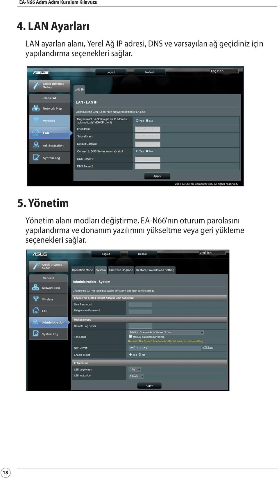 Yönetim Yönetim alanı modları değiştirme, EA-N66 nın oturum parolasını