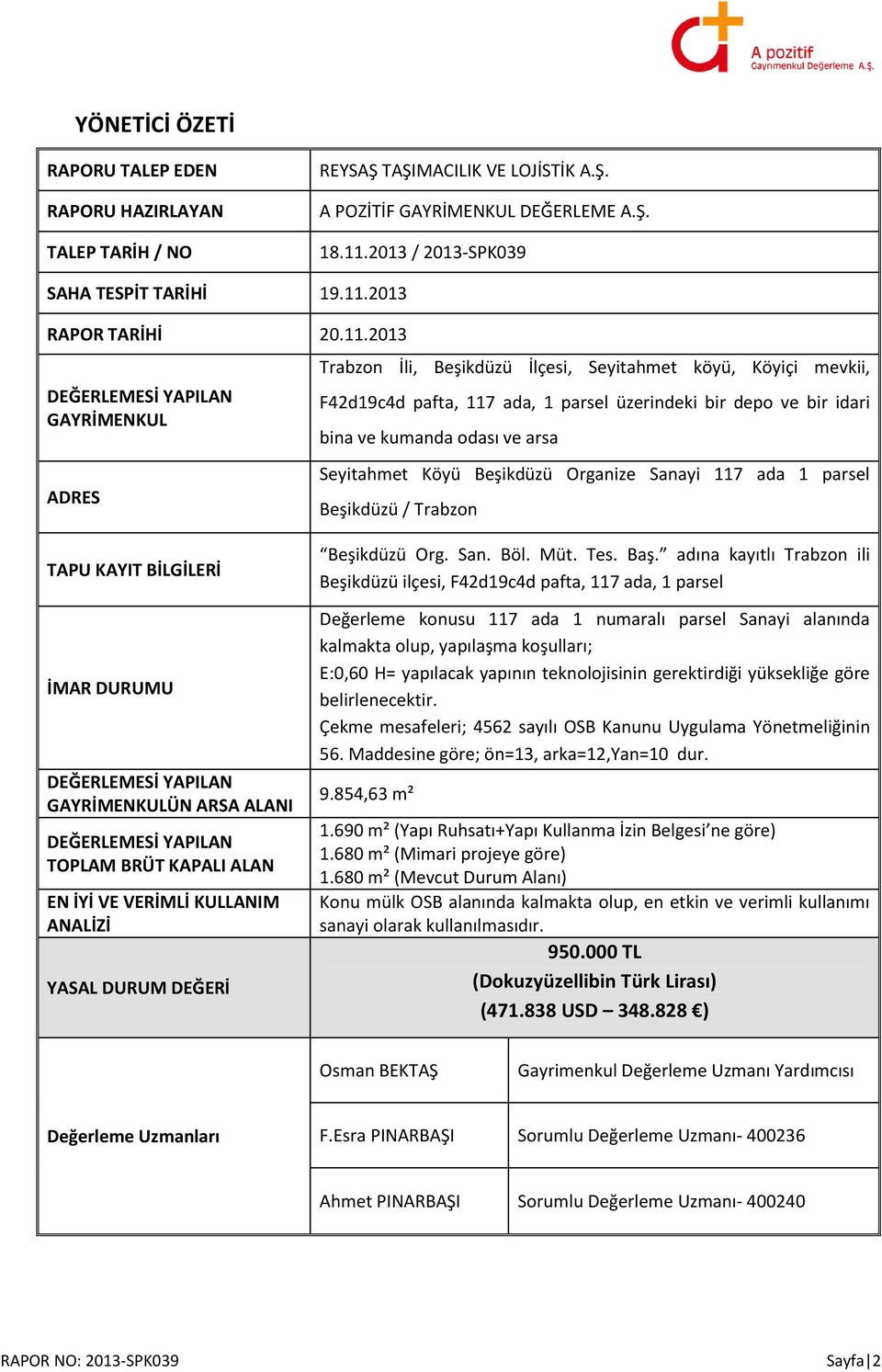 ve arsa Seyitahmet Köyü Beşikdüzü Organize Sanayi 117 ada 1 parsel Beşikdüzü / Trabzon TAPU KAYIT BİLGİLERİ İMAR DURUMU DEĞERLEMESİ YAPILAN GAYRİMENKULÜN ARSA ALANI DEĞERLEMESİ YAPILAN TOPLAM BRÜT