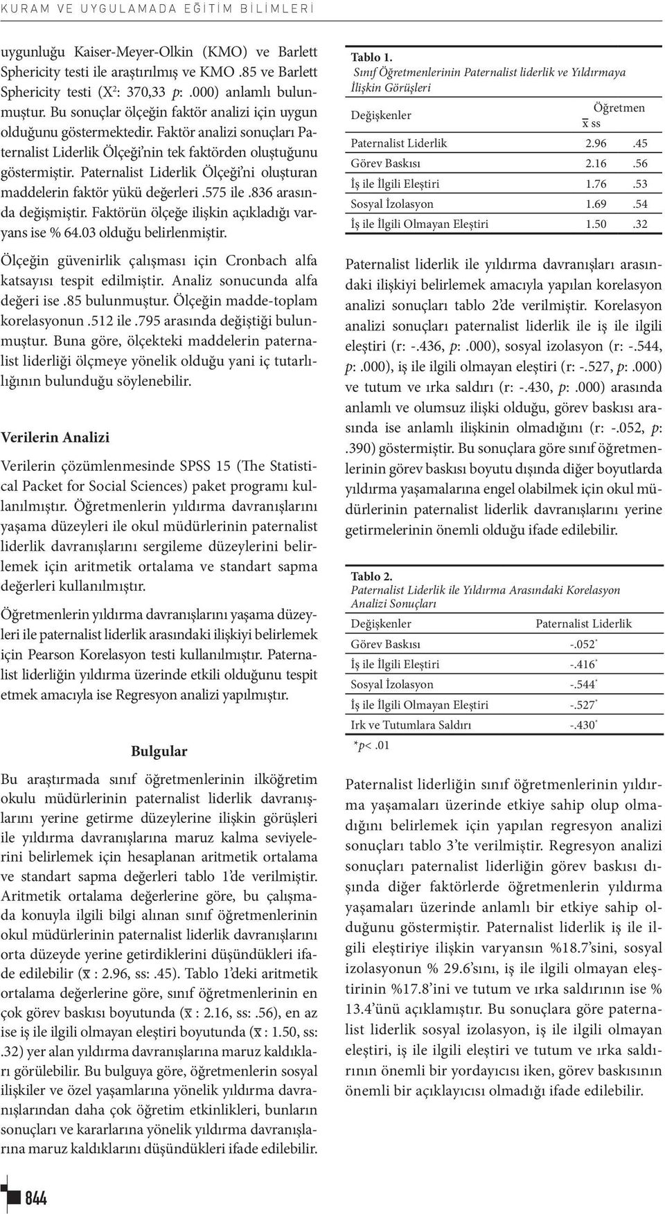 Paternalist Liderlik Ölçeği ni oluşturan maddelerin faktör yükü değerleri.575 ile.836 arasında değişmiştir. Faktörün ölçeğe ilişkin açıkladığı varyans ise % 64.03 olduğu belirlenmiştir.