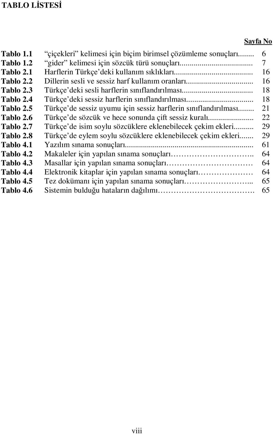 4 Türkçe deki sessiz harflerin sınıflandırılması... 18 Tablo 2.5 Türkçe de sessiz uyumu için sessiz harflerin sınıflandırılması... 21 Tablo 2.6 Türkçe de sözcük ve hece sonunda çift sessiz kuralı.