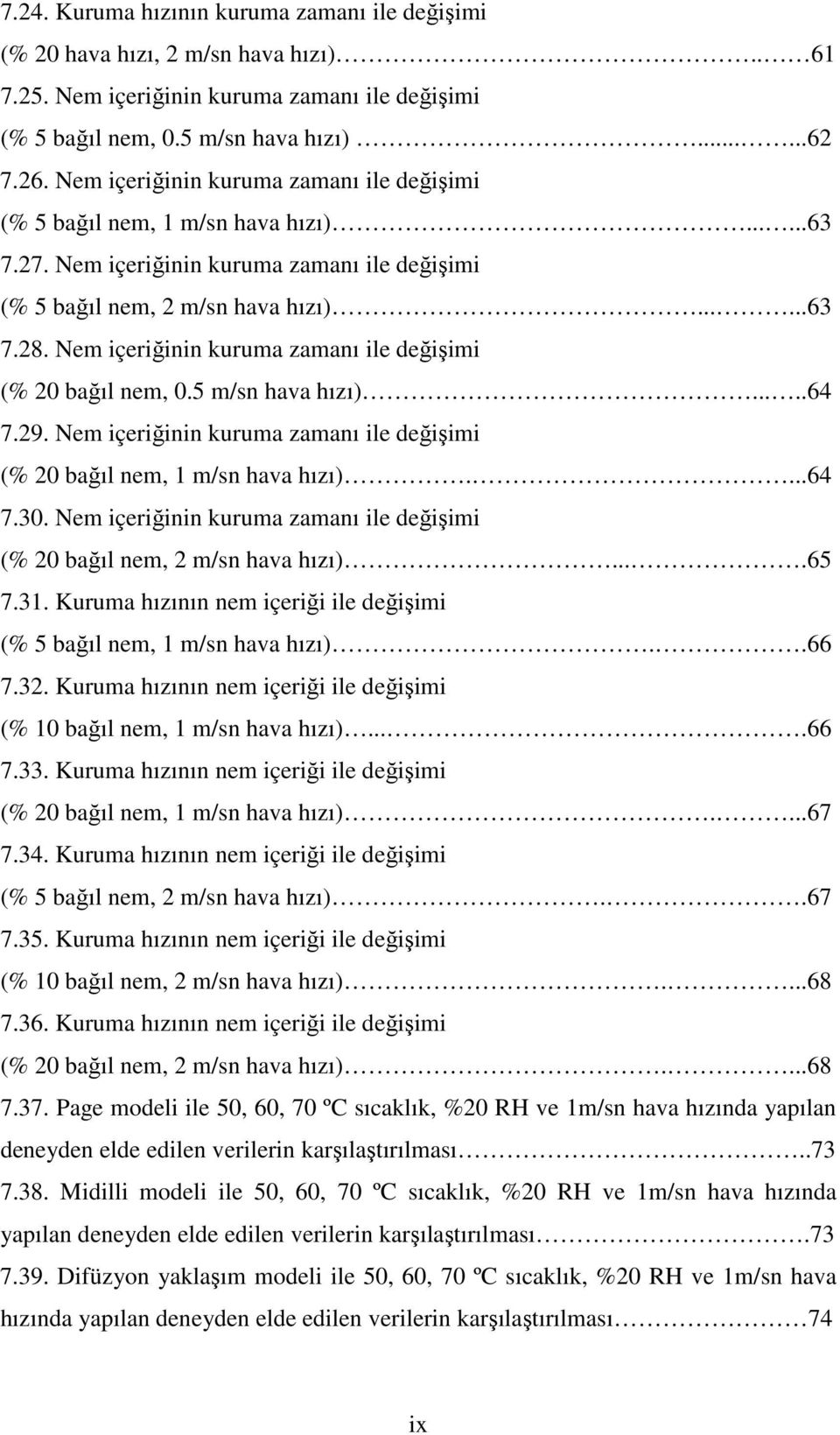 Nem içeriğinin kuruma zamanı ile değişimi (% 20 bağıl nem, 0.5 m/sn hava hızı).....64 7.29. Nem içeriğinin kuruma zamanı ile değişimi (% 20 bağıl nem, 1 m/sn hava hızı)....64 7.30.