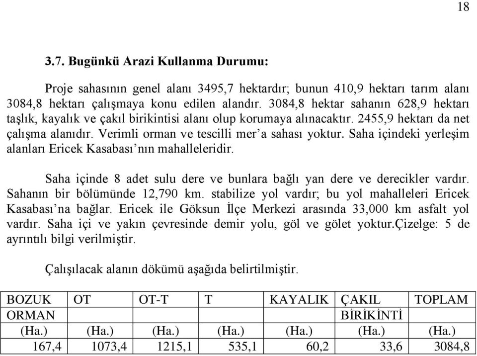 Saha içindeki yerleşim alanları Ericek Kasabası nın mahalleleridir. Saha içinde 8 adet sulu dere ve bunlara bağlı yan dere ve derecikler vardır. Sahanın bir bölümünde 12,790 km.