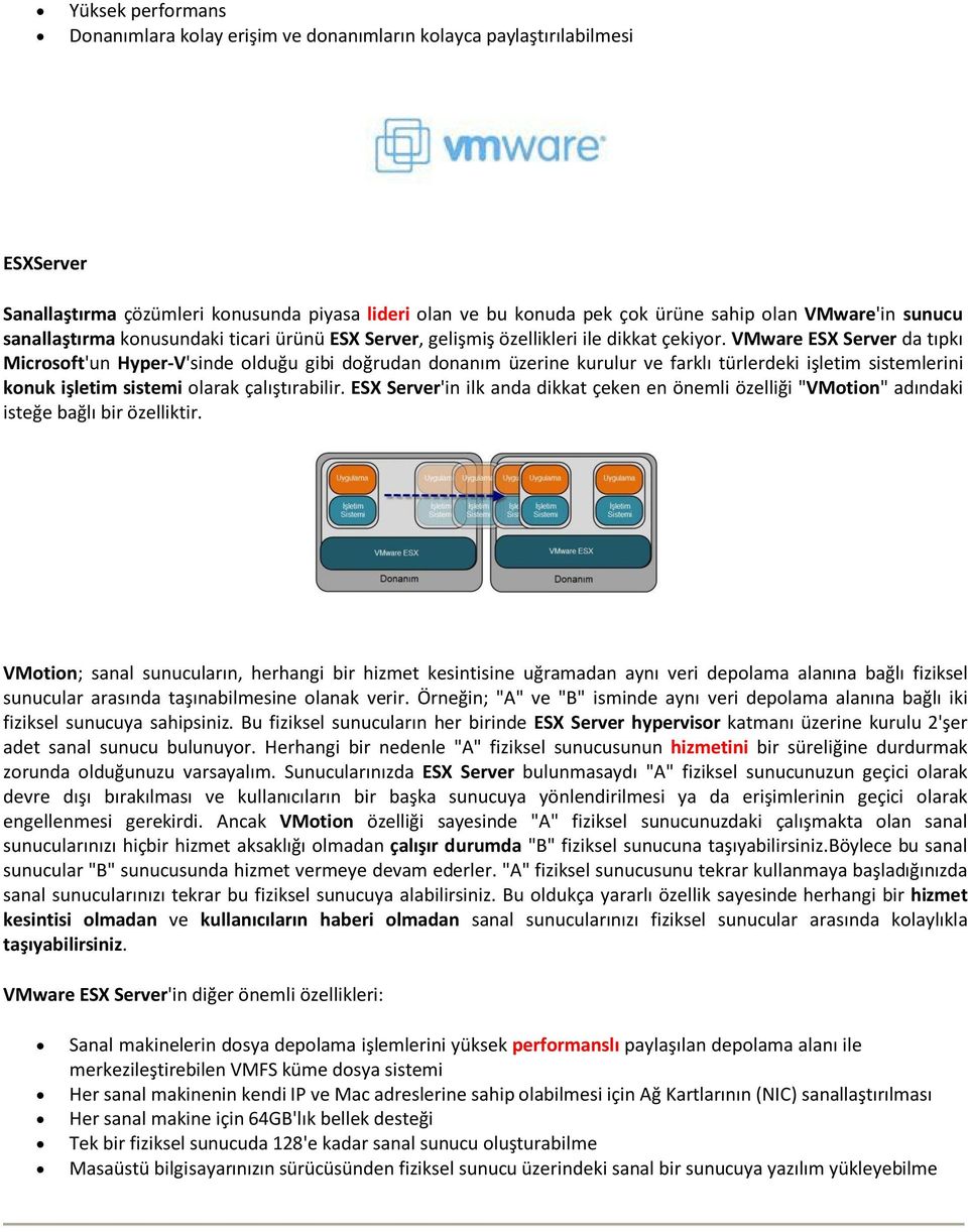 VMware ESX Server da tıpkı Microsoft'un Hyper-V'sinde olduğu gibi doğrudan donanım üzerine kurulur ve farklı türlerdeki işletim sistemlerini konuk işletim sistemi olarak çalıştırabilir.