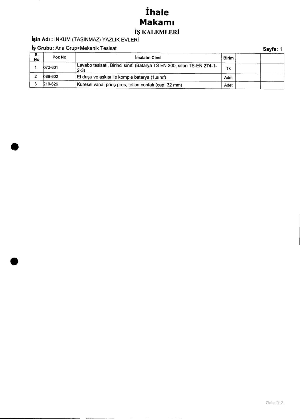 PozNo No imalatıncinsi Birim 1 P72-601 Lavabo tesisatı, Birinci sınıf: (Batarya TS EN