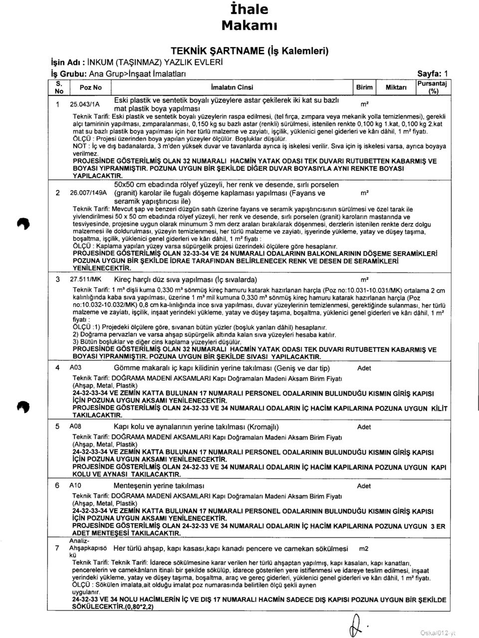 043/1A mat plastik boya yapılması Teknik Tarifi: Eski plastik ve sentetik boyalı yüzeylerin raspa edilmesi, (tel fırça, zımpara veya mekanik yolla temizlenmesi), gerekli alçı tamirinin yapılması,