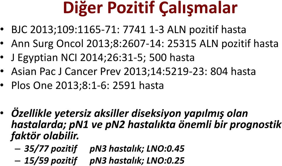 One 2013;8:1-6: 2591 hasta Özellikle yetersiz aksiller diseksiyon yapılmış olan hastalarda; pn1 ve pn2