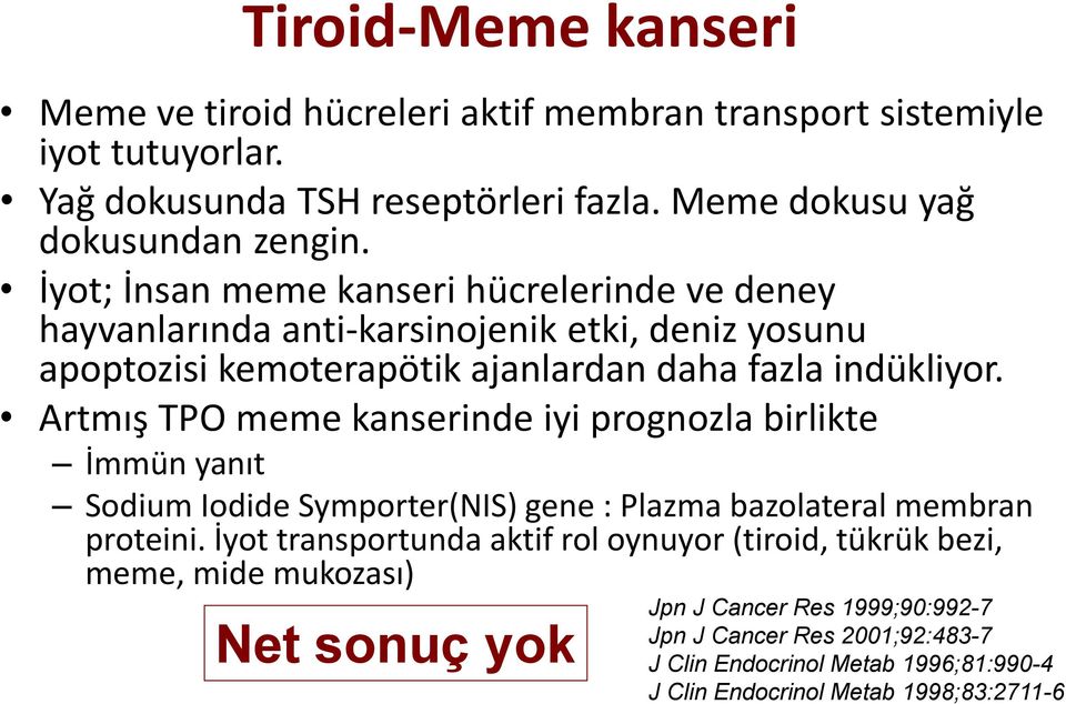 Artmış TPO meme kanserinde iyi prognozla birlikte İmmün yanıt Sodium Iodide Symporter(NIS) gene : Plazma bazolateral membran proteini.