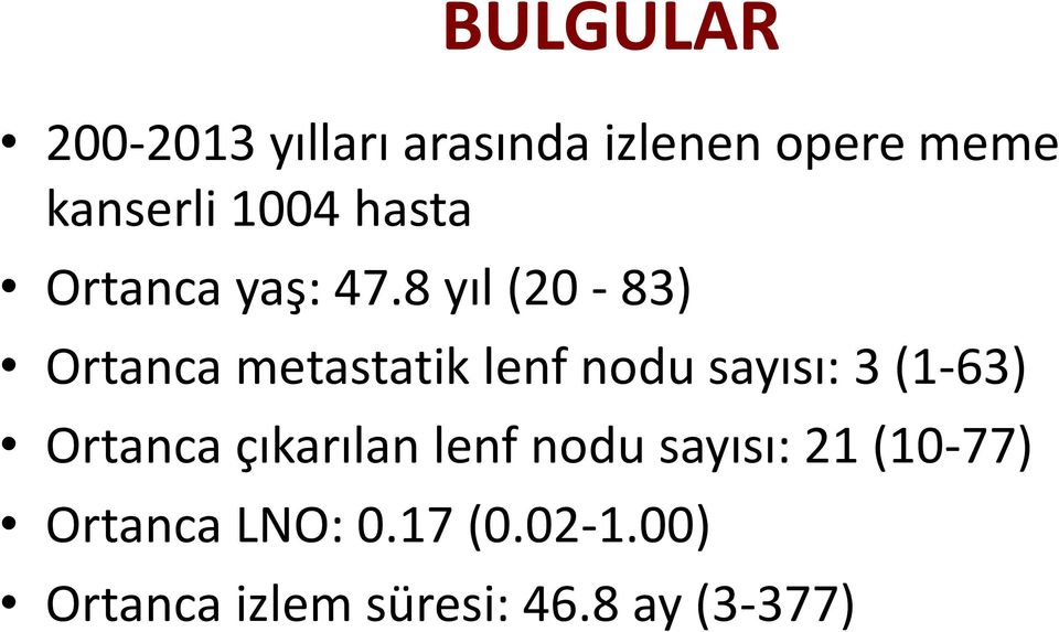 8 yıl (20-83) Ortanca metastatik lenf nodu sayısı: 3 (1-63)