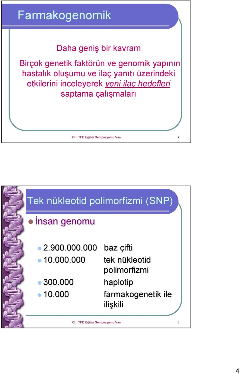 TFD Eğitim Sempozyumu Van 7 Tek nükleotid polimorfizmi (SNP) İnsan genomu 2.900.000.000 baz çifti 10.