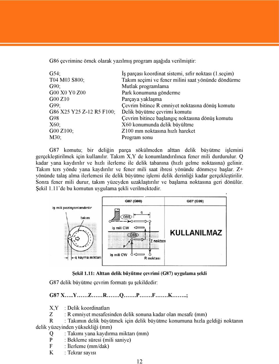 dönüş komutu G86 X25 Y25 Z-12 R5 F100; Delik büyütme çevrimi komutu G98 Çevrim bitince başlangıç noktasına dönüş komutu X60; X60 konumunda delik büyültme G00 Z100; Z100 mm noktasına hızlı hareket