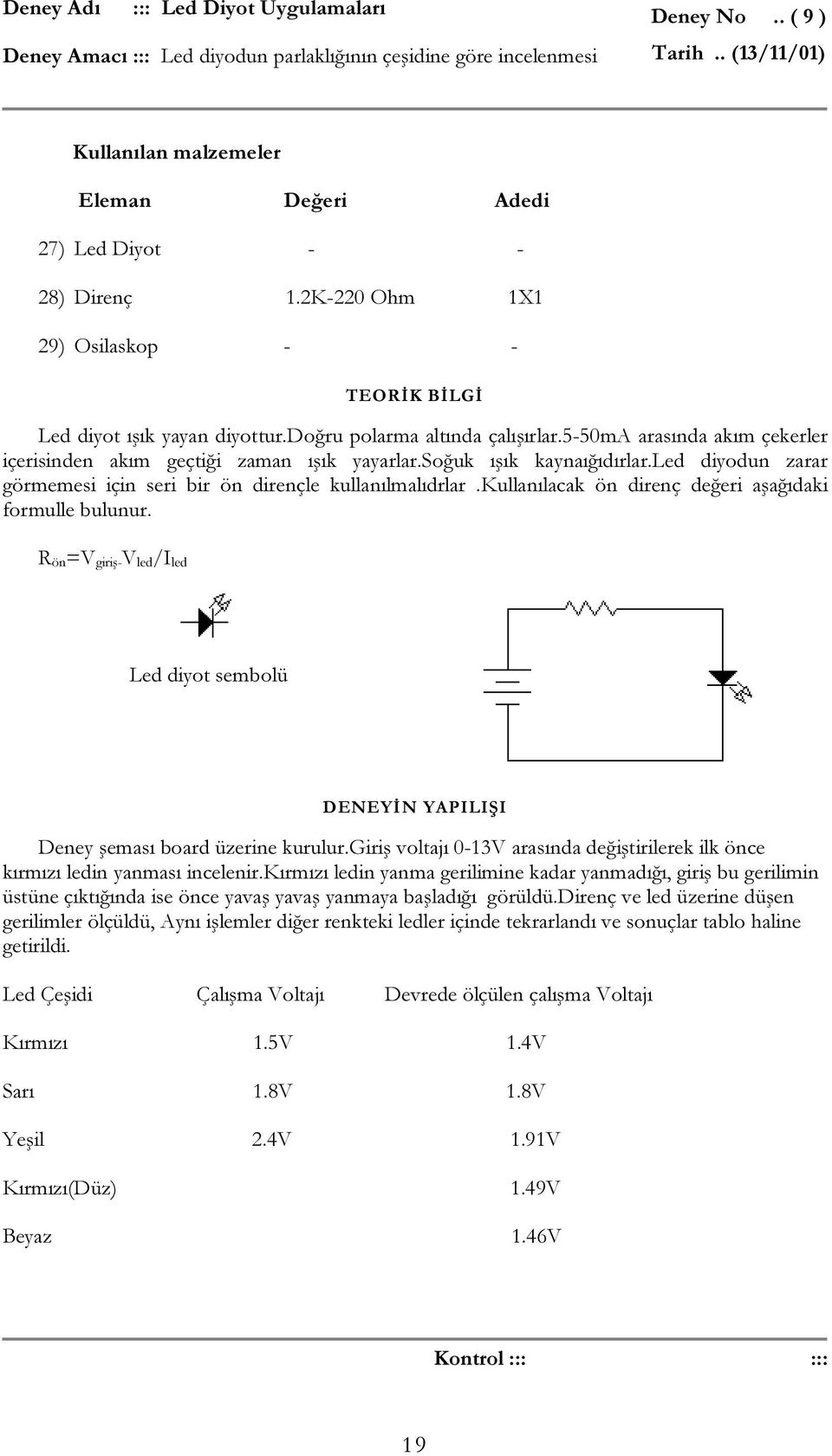 5-50ma arasında akım çekerler içerisinden akım geçtiği zaman ışık yayarlar.soğuk ışık kaynaığıdırlar.led diyodun zarar görmemesi için seri bir ön dirençle kullanılmalıdrlar.