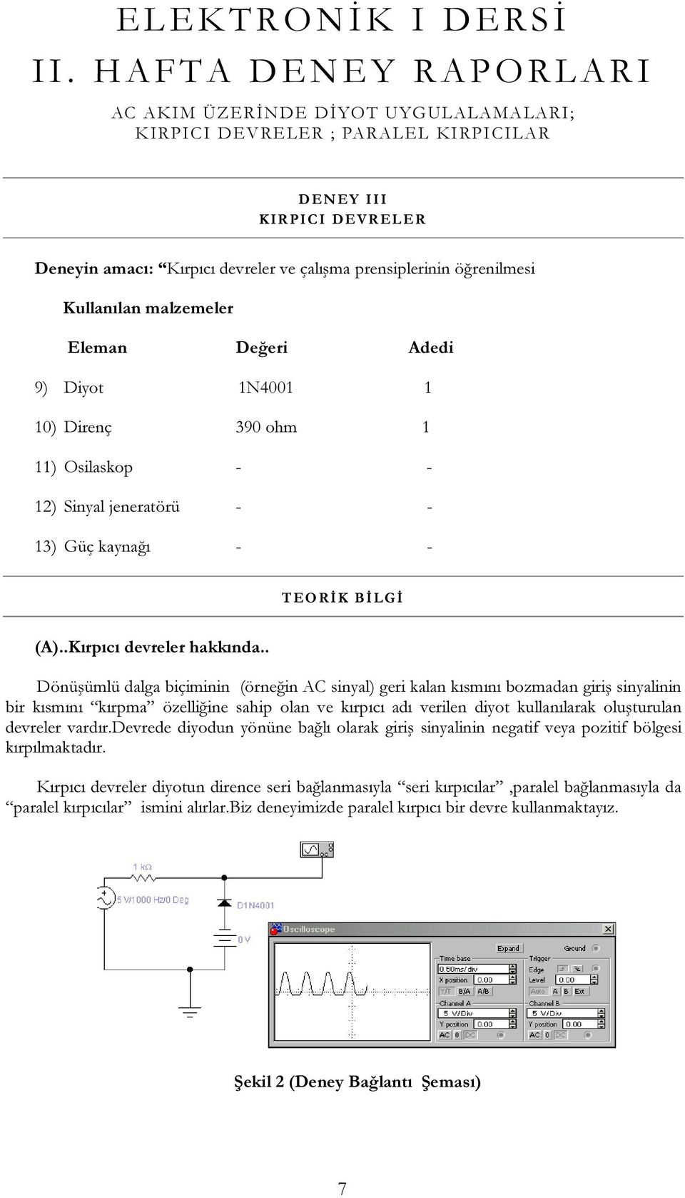 prensiplerinin öğrenilmesi Kullanılan malzemeler Eleman Değeri Adedi 9) Diyot 1N4001 1 10) Direnç 390 ohm 1 11) Osilaskop - - 12) Sinyal jeneratörü - - 13) Güç kaynağı - - TEO RĐK BĐLGĐ (A).