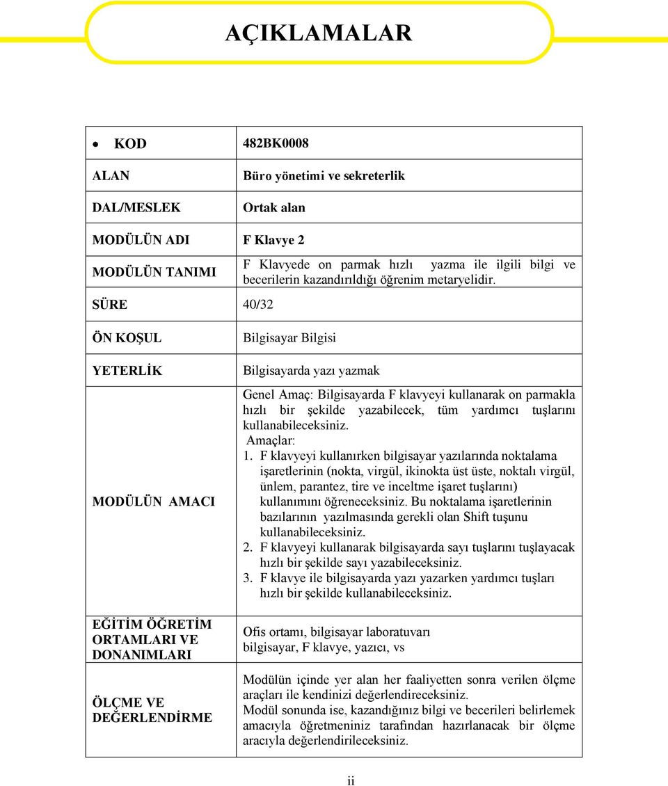 SÜRE 40/32 ÖN KOŞUL YETERLİK MODÜLÜN AMACI EĞİTİM ÖĞRETİM ORTAMLARI VE DONANIMLARI ÖLÇME VE DEĞERLENDİRME Bilgisayar Bilgisi Bilgisayarda yazı yazmak Genel Amaç: Bilgisayarda F klavyeyi kullanarak on