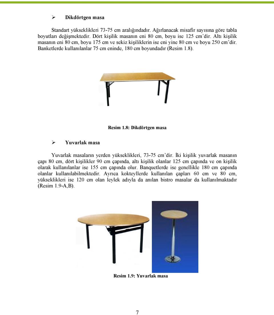 8: Dikdörtgen masa Yuvarlak masa Yuvarlak masaların yerden yükseklikleri, 73-75 cm dir.