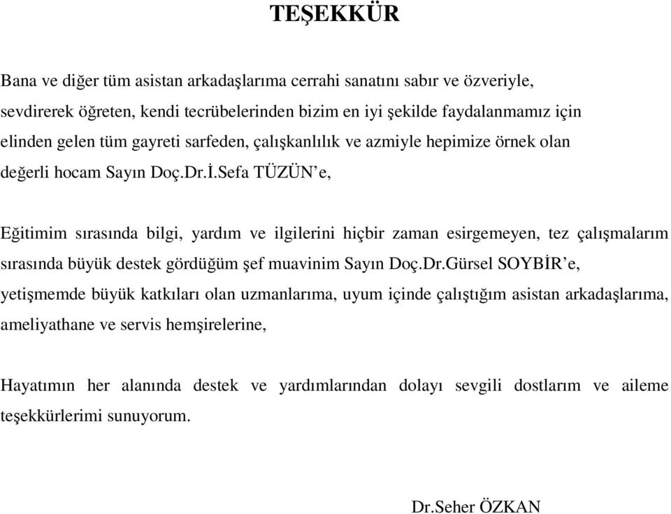 Sefa TÜZÜN e, Eğitimim sırasında bilgi, yardım ve ilgilerini hiçbir zaman esirgemeyen, tez çalışmalarım sırasında büyük destek gördüğüm şef muavinim Sayın Doç.Dr.