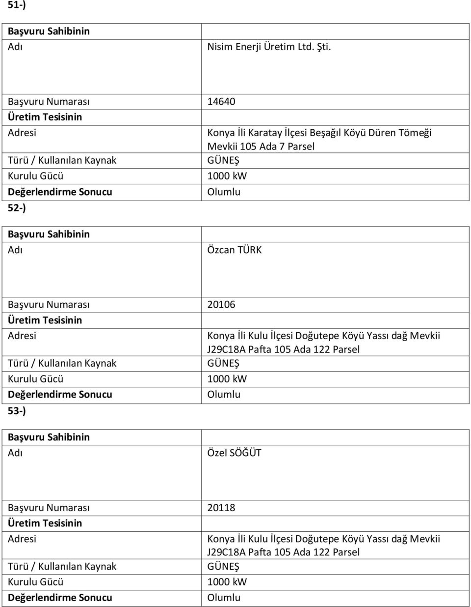 Parsel 52-) Özcan TÜRK Başvuru Numarası 20106 Konya İli Kulu İlçesi Doğutepe Köyü Yassı dağ