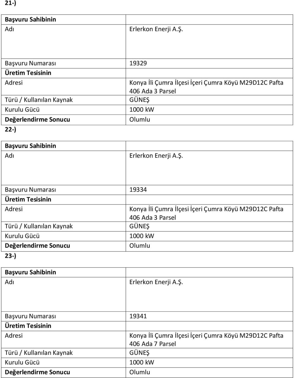 Parsel 22-) Erlerkon Enerji A.Ş.