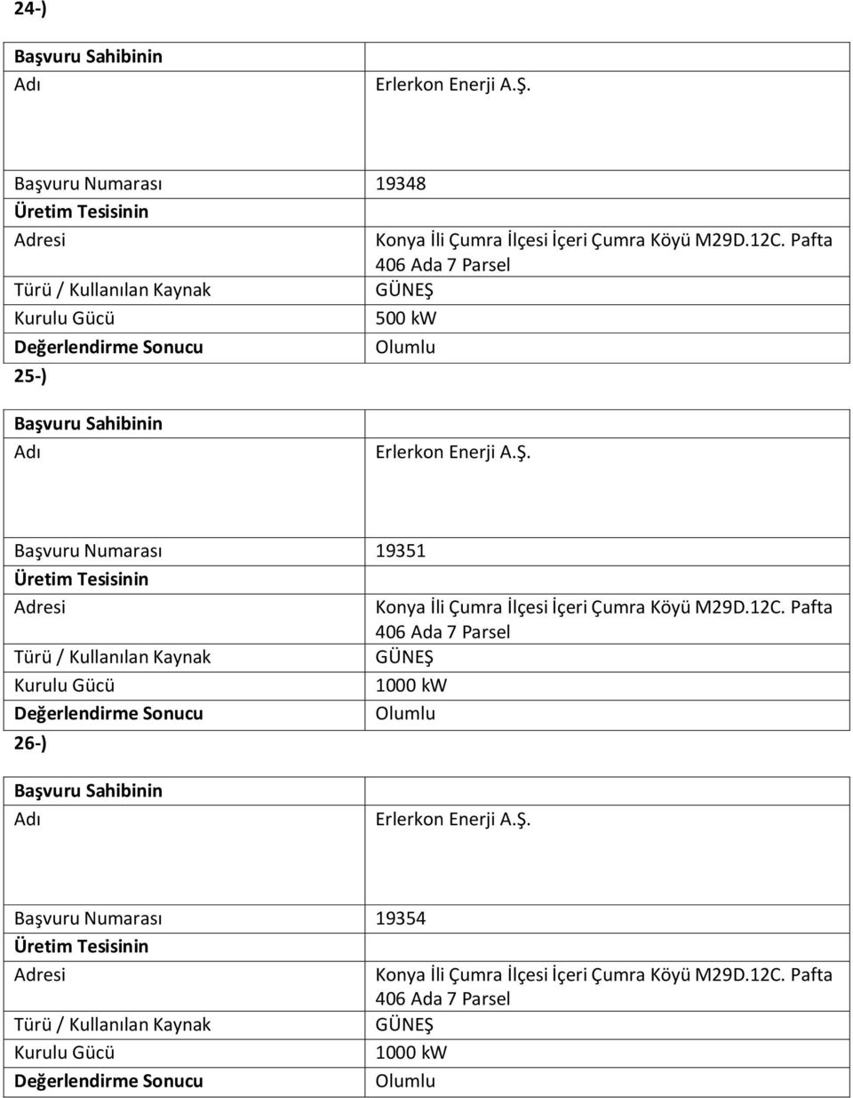 Pafta 406 Ada 7 Parsel 500 kw 25-) Erlerkon Enerji A.Ş.