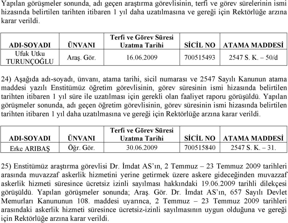 50/d 24) Aşağıda adı-soyadı, ünvanı, atama tarihi, sicil numarası ve 2547 Sayılı Kanunun atama maddesi yazılı Enstitümüz öğretim görevlisinin, görev süresinin ismi hizasında belirtilen tarihten