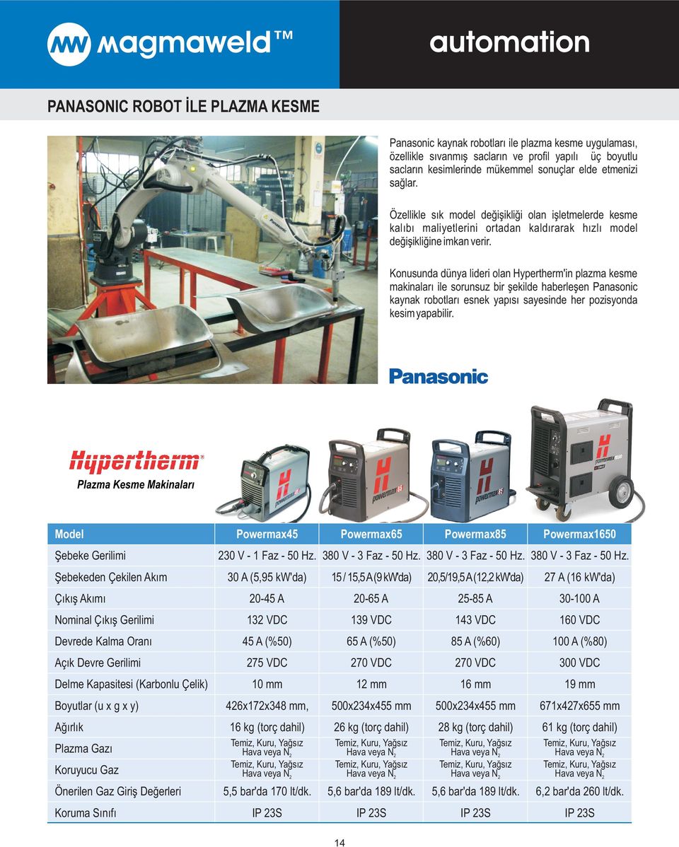 Konusunda dünya lideri olan Hypertherm'in plazma kesme makinalarý ile sorunsuz bir þekilde haberleþen Panasonic kaynak robotlarý esnek yapýsý sayesinde her pozisyonda kesim yapabilir.
