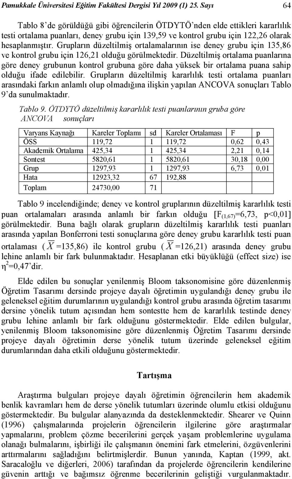 Grupların düzeltilmiş ortalamalarının ise deney grubu için 135,86 ve kontrol grubu için 126,21 olduğu görülmektedir.