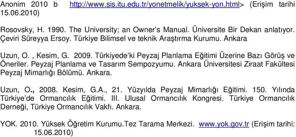 Peyzaj Planlama ve Tasarım Sempozyumu. Ankara Ziraat Fakültesi Peyzaj Mimarlığı Bölümü. Ankara. Uzun, O., 2008. Kesim, G.A., 21. Yüzyılda Peyzaj Mimarlığı Eğitimi. 150.