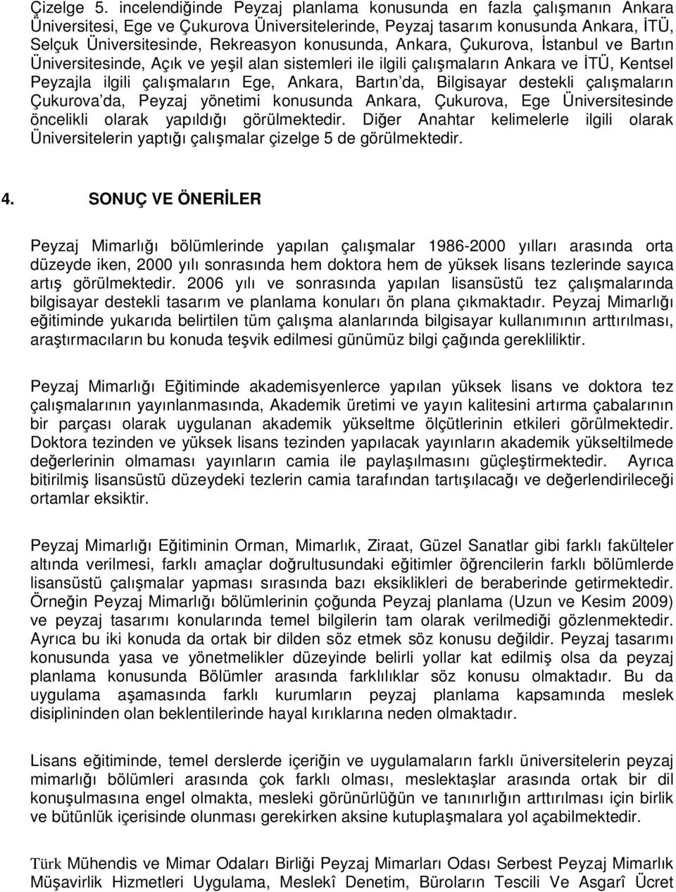 Đstanbul ve Bartın nde, Açık ve yeşil alan sistemleri ile ilgili çalışmaların Ankara ve ĐTÜ, Kentsel Peyzajla ilgili çalışmaların Ege, Ankara, Bartın da, Bilgisayar destekli çalışmaların Çukurova da,