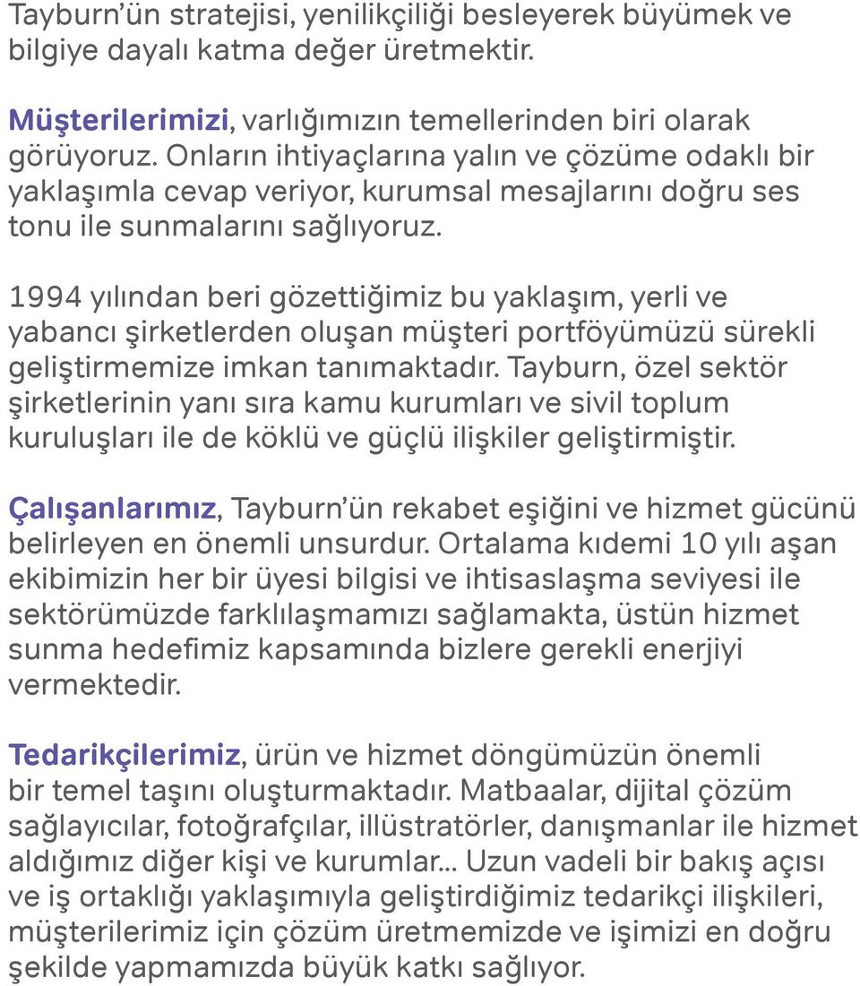 1994 yılından beri gözettiğimiz bu yaklaşım, yerli ve yabancı şirketlerden oluşan müşteri portföyümüzü sürekli geliştirmemize imkan tanımaktadır.