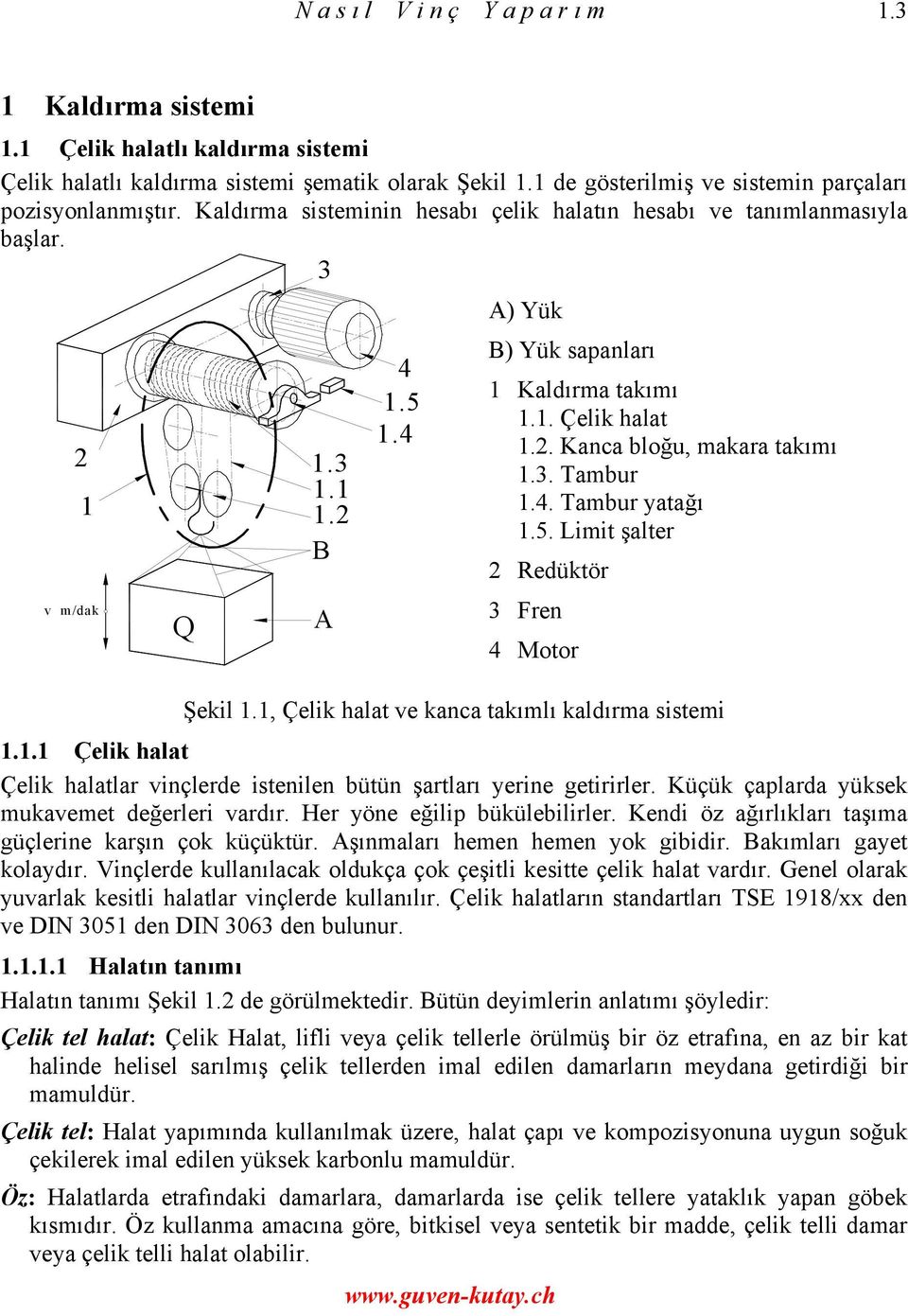 4 A) Yük B) Yük sapanları 1 Kaldırma takımı 1.1. Çelik halat 1.2. Kanca bloğu, makara takımı 1.3. Tambur 1.4. Tambur yatağı 1.5. Limit şalter 2 Redüktör 3 Fren 4 Motor Şekil 1.