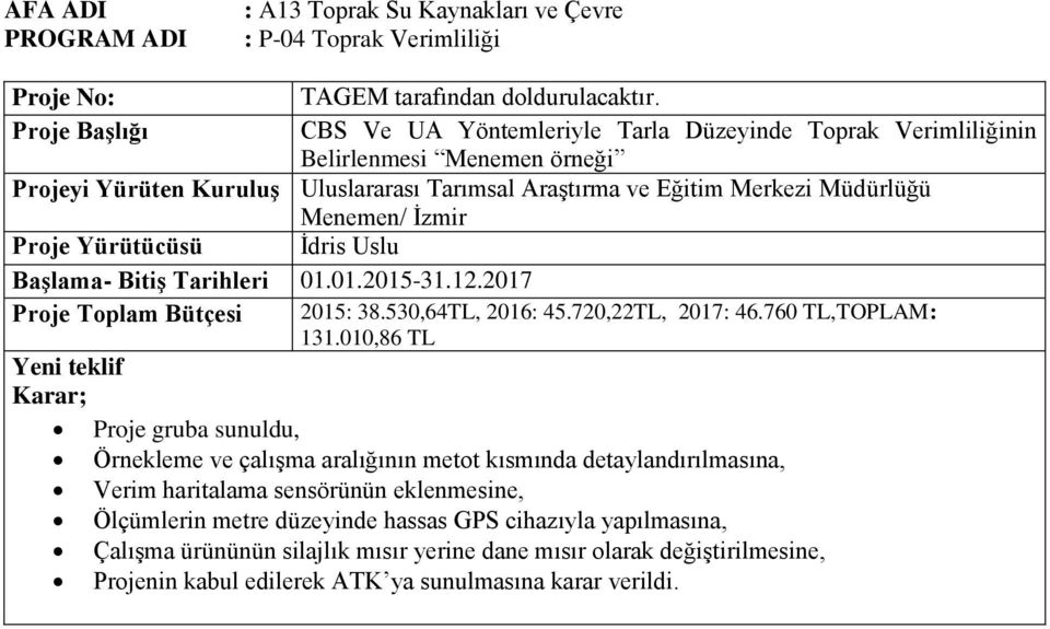 İdris Uslu Başlama- Bitiş Tarihleri 01.01.2015-31.12.2017 Proje Toplam Bütçesi 2015: 38.530,64TL, 2016: 45.720,22TL, 2017: 46.760 TL,TOPLAM: 131.