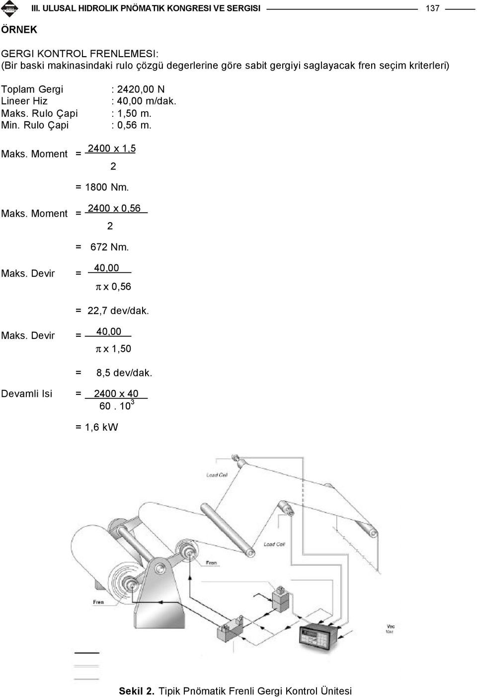 Rulo Çapi : 0,56 m. Maks. Moment = 2400 x 1,5 2 = 1800 Nm. Maks. Moment = 2400 x 0,56 2 = 672 Nm. Maks. Devir = 40,00 π x 0,56 = 22,7 dev/dak.