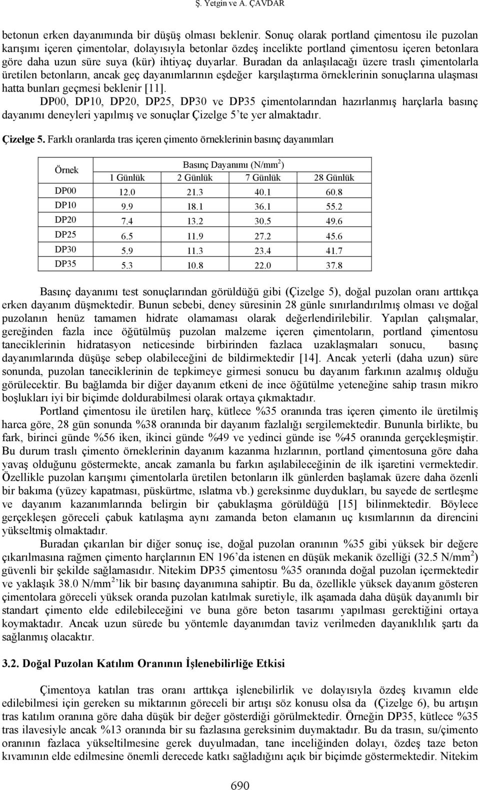 Buradan da anlaşılacağı üzere traslı çimentolarla üretilen betonların, ancak geç dayanımlarının eşdeğer karşılaştırma örneklerinin sonuçlarına ulaşması hatta bunları geçmesi beklenir [11].