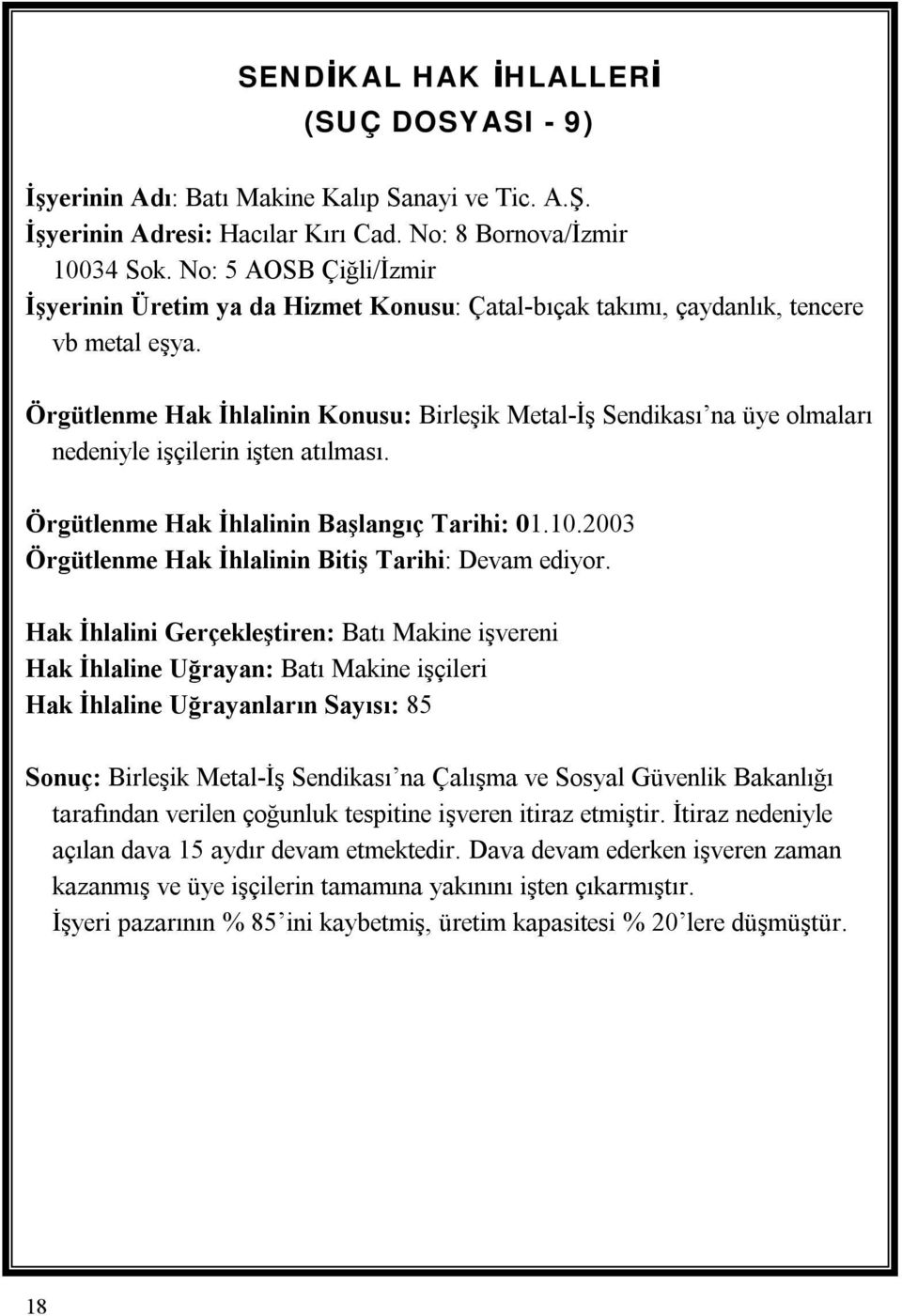 Örgütlenme Hak İhlalinin Konusu: Birleşik Metal-İş Sendikası na üye olmaları nedeniyle işçilerin işten atılması. Örgütlenme Hak İhlalinin Başlangıç Tarihi: 01.10.