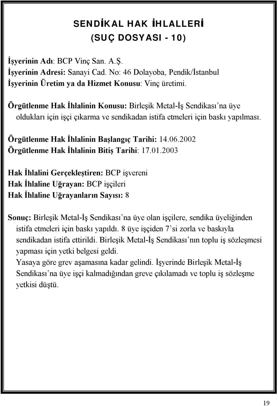 2002 Örgütlenme Hak İhlalinin Bitiş Tarihi: 17.01.