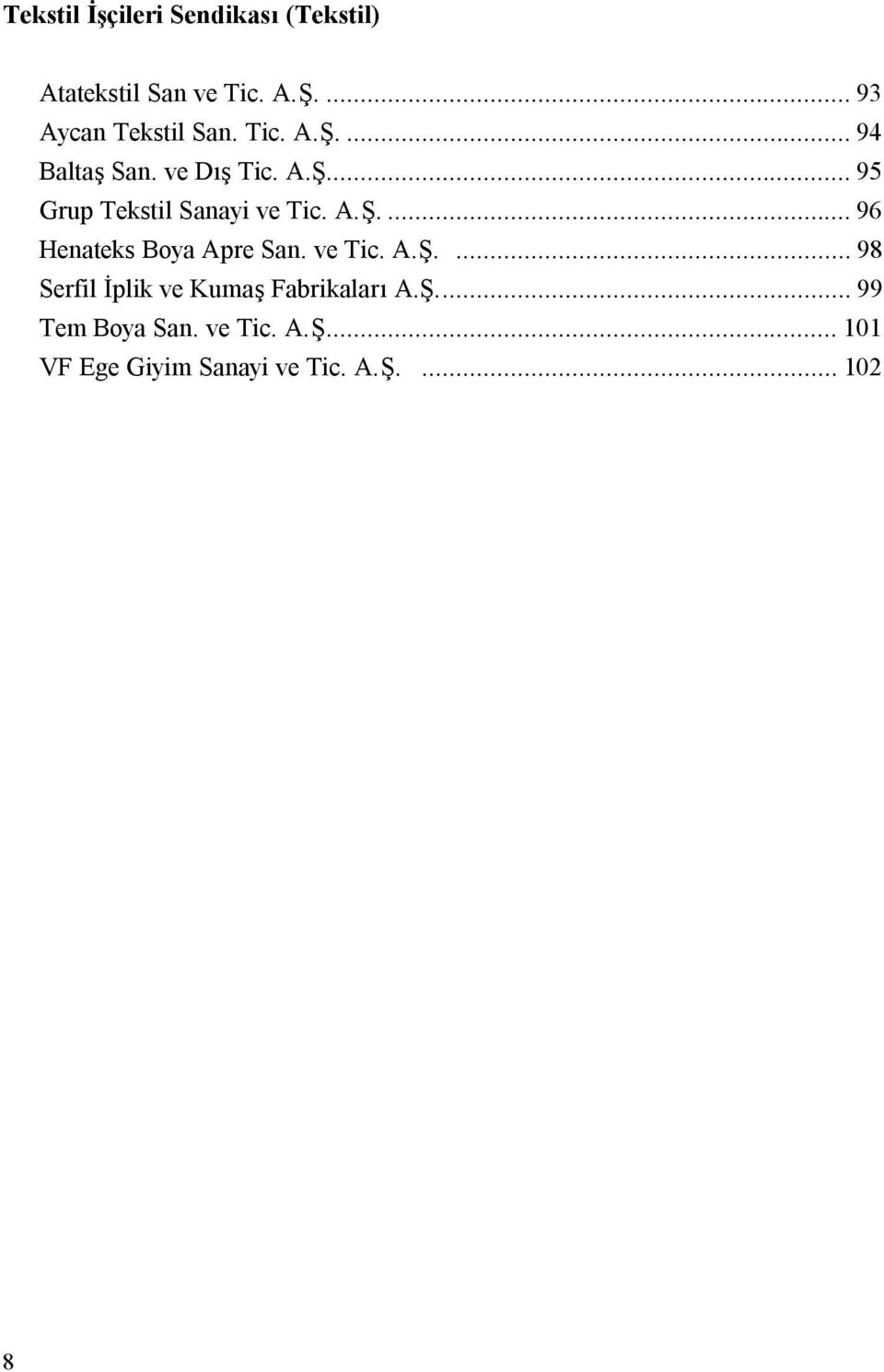 A.Ş...96 Henateks Boya Apre San. ve Tic. A.Ş....98 Serfil İplik ve Kumaş Fabrikaları A.