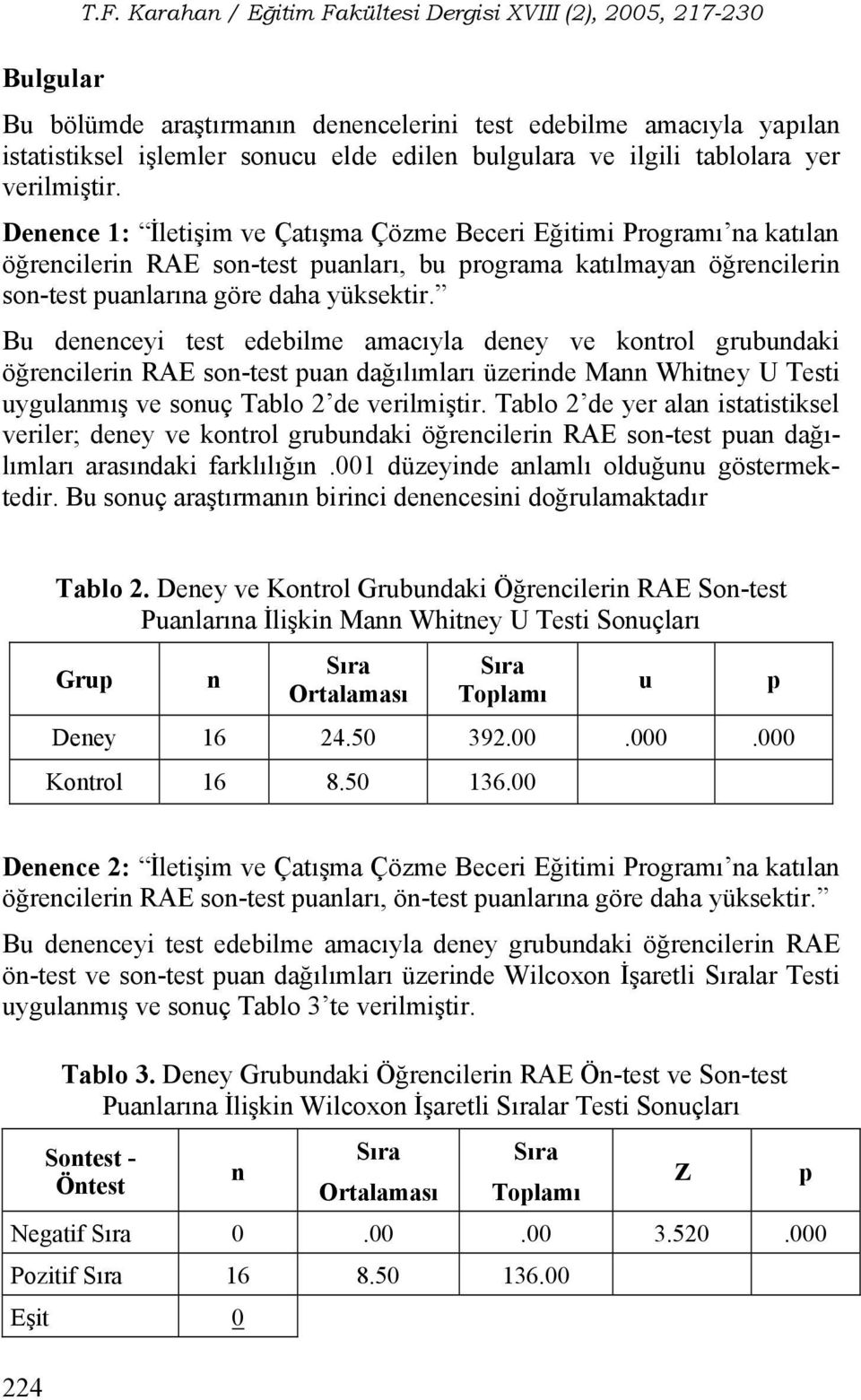 Bu denenceyi test edebilme amacıyla deney ve kontrol grubundaki öğrencilerin RAE son-test puan dağılımları üzerinde Mann Whitney U Testi uygulanmış ve sonuç Tablo 2 de verilmiştir.