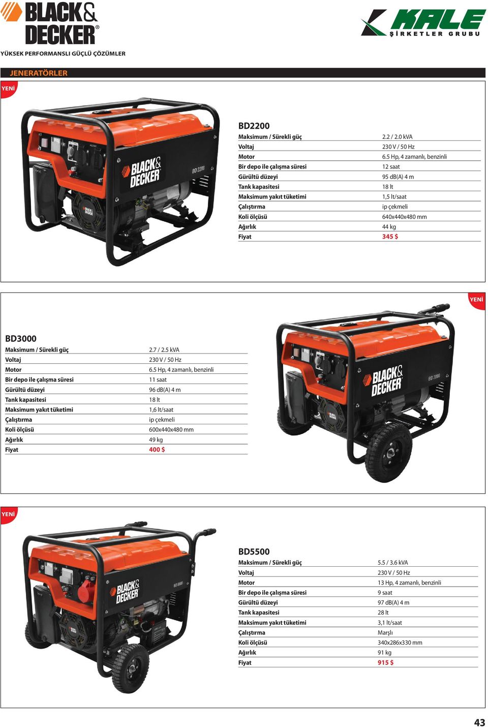 $ BD3000 Maksimum / Srekli gç 2.7 / 2.5 kva 230 V / 50 Hz Motor 6.