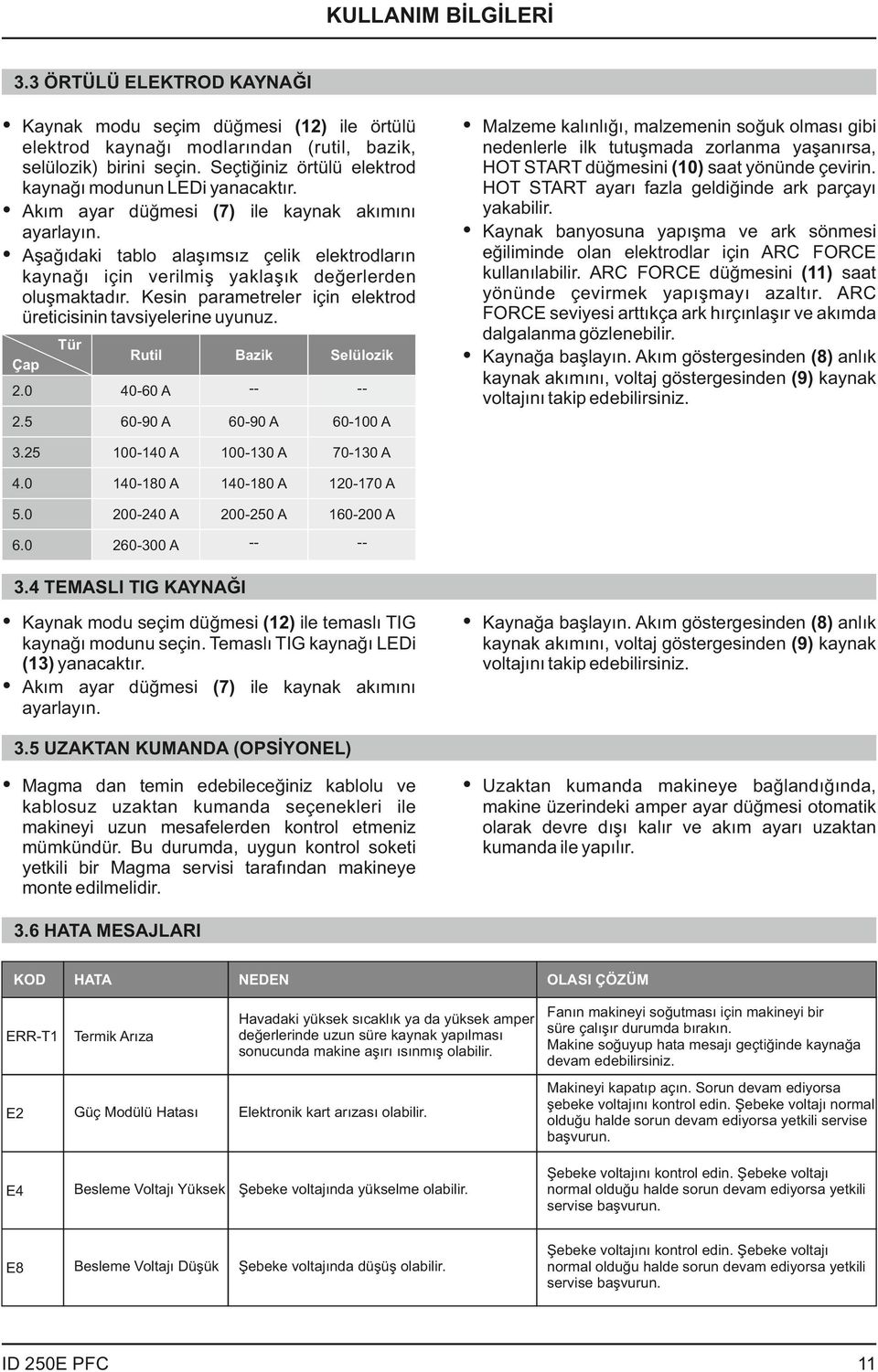 Seçtiğiniz örtülü elektrod kaynağı modunun LEDi yanacaktır. Akım ayar düğmesi (7) ile kaynak akımını ayarlayın.