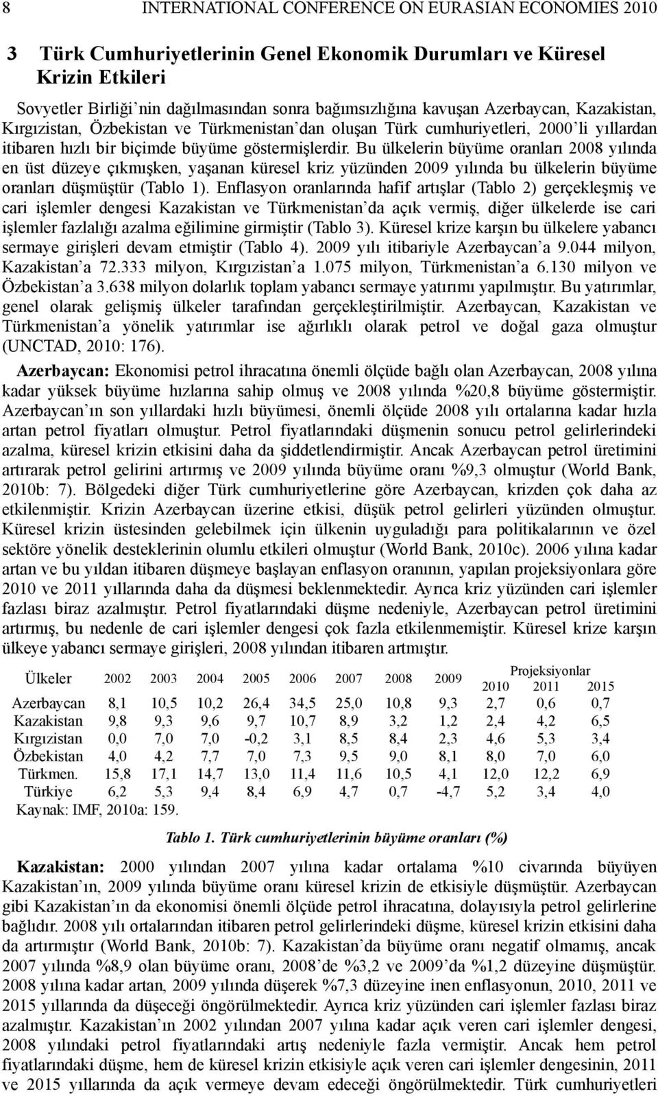 Bu ülkelerin büyüme oranları 2008 yılında en üst düzeye çıkmışken, yaşanan küresel kriz yüzünden 2009 yılında bu ülkelerin büyüme oranları düşmüştür (Tablo 1).