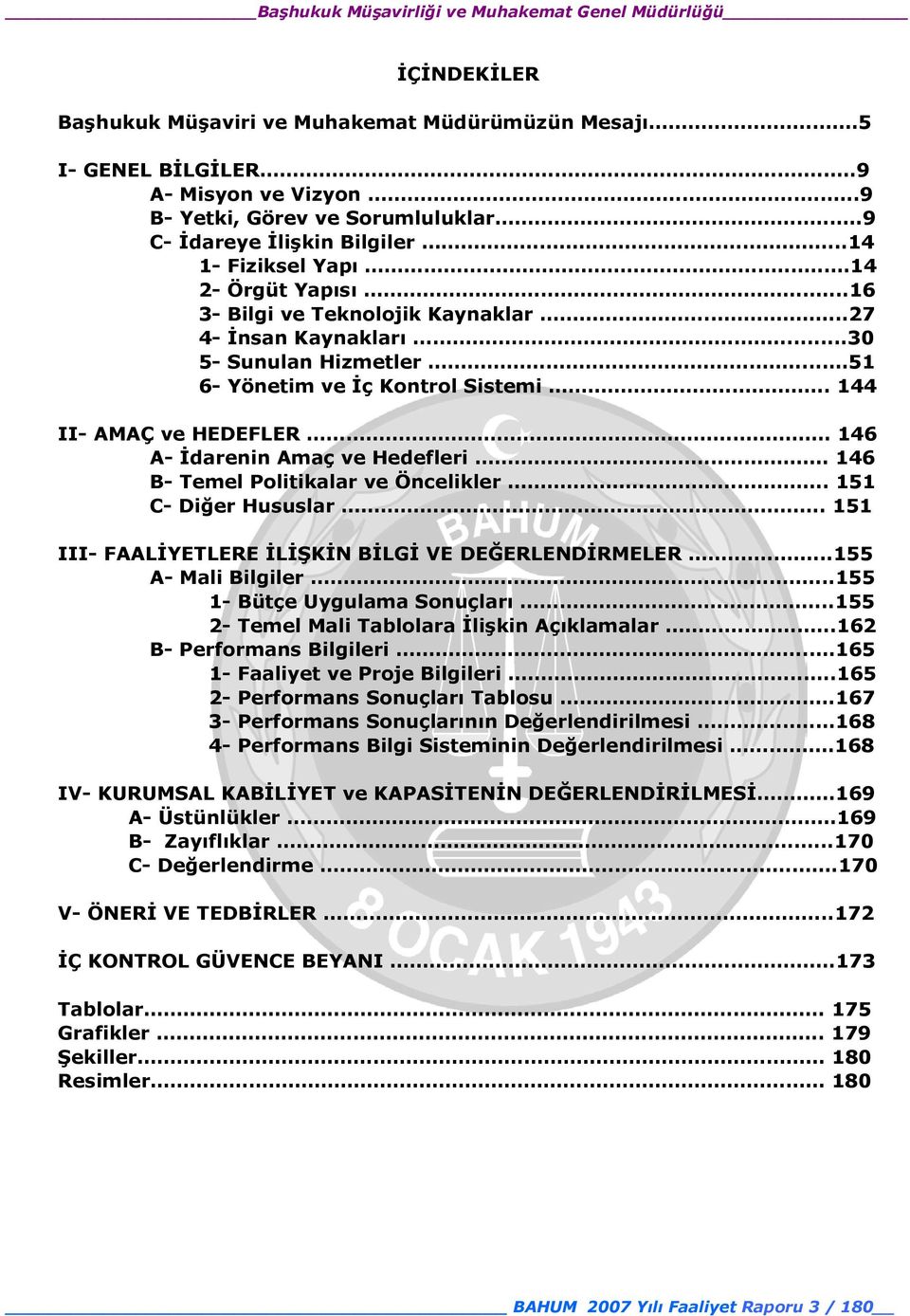 ... 144 II- AMAÇ ve HEDEFLER.. 146 A- İdarenin Amaç ve Hedefleri... 146 B- Temel Politikalar ve Öncelikler.... 151 C- Diğer Hususlar.. 151 III- FAALİYETLERE İLİŞKİN BİLGİ VE DEĞERLENDİRMELER.