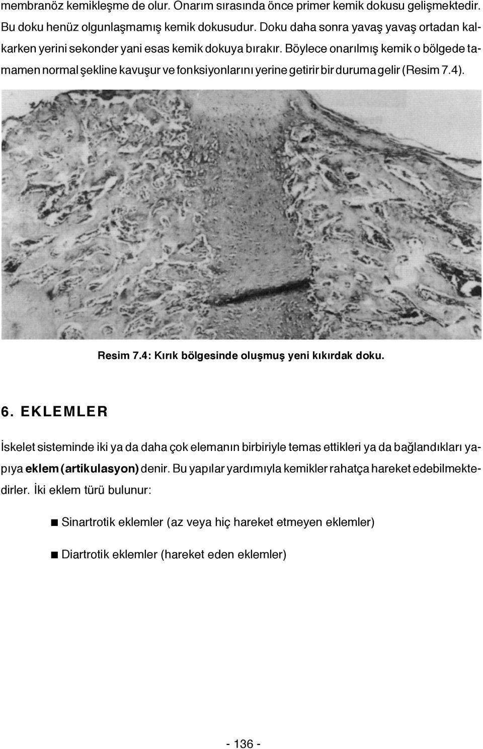 Böylece onarılmış kemik o bölgede tamamen normal şekline kavuşur ve fonksiyonlarını yerine getirir bir duruma gelir (Resim 7.4). Resim 7.4: Kırık bölgesinde oluşmuş yeni kıkırdak doku. 6.