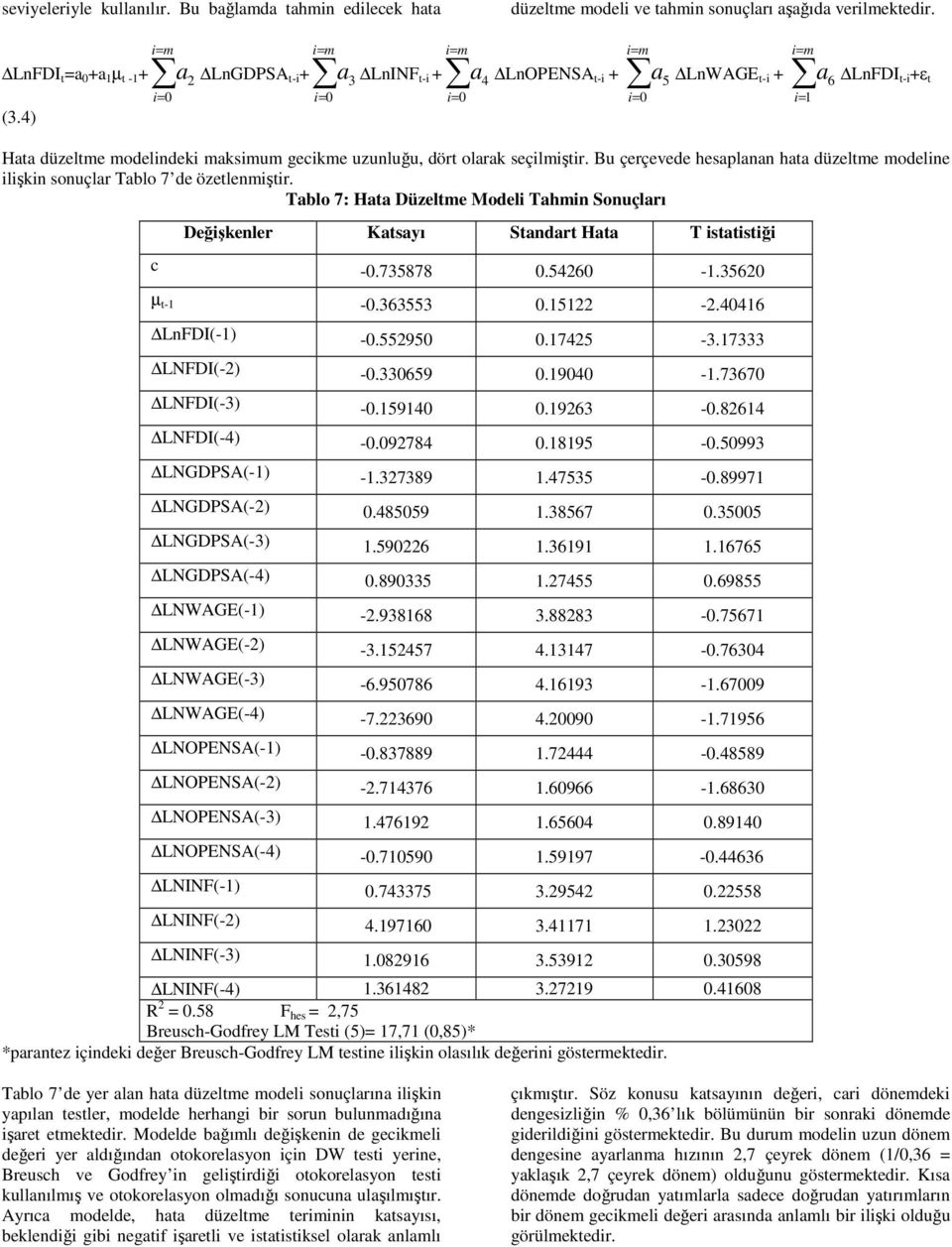 Bu çerçevede hesaplanan haa düzele odeline ilişkin sonuçlar Tablo 7 de özelenişir. Tablo 7: Haa Düzele Modeli Tahin Sonuçları Değişkenler Kasayı Sandar Haa T isaisiği c -.735878.5426-1.3562 µ -1 -.