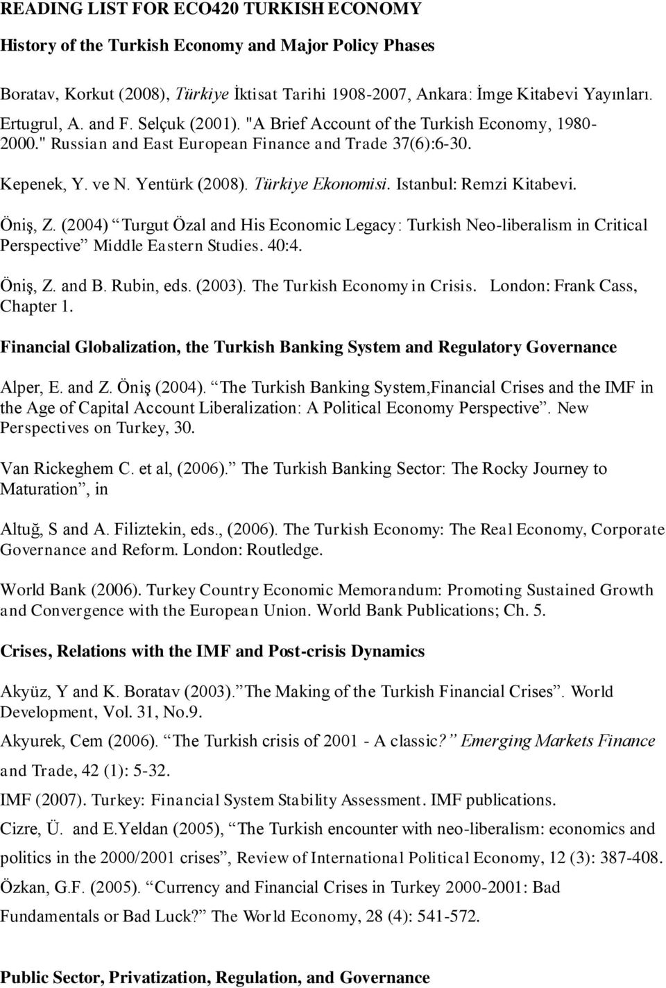 Istanbul: Remzi Kitabevi. Öniş, Z. (2004) Turgut Özal and His Economic Legacy: Turkish Neo-liberalism in Critical Perspective Middle Eastern Studies. 40:4. Öniş, Z. and B. Rubin, eds. (2003).