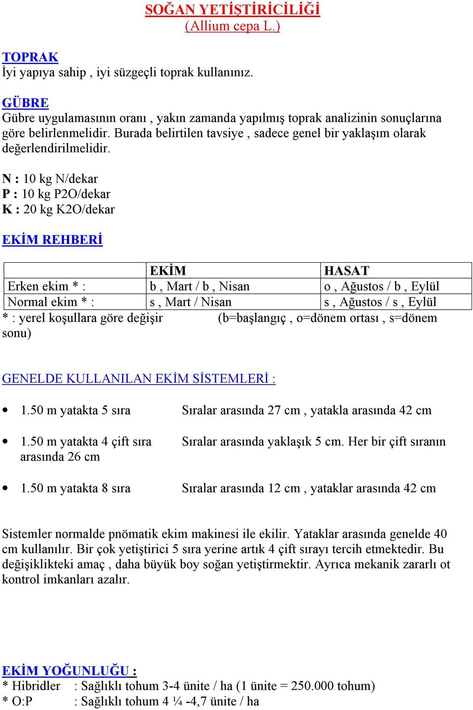 N : 10 kg N/dekar P : 10 kg P2O/dekar K : 20 kg K2O/dekar EKİM REHBERİ EKİM HASAT Erken ekim * : b, Mart / b, Nisan o, Ağustos / b, Eylül Normal ekim * : s, Mart / Nisan s, Ağustos / s, Eylül * :