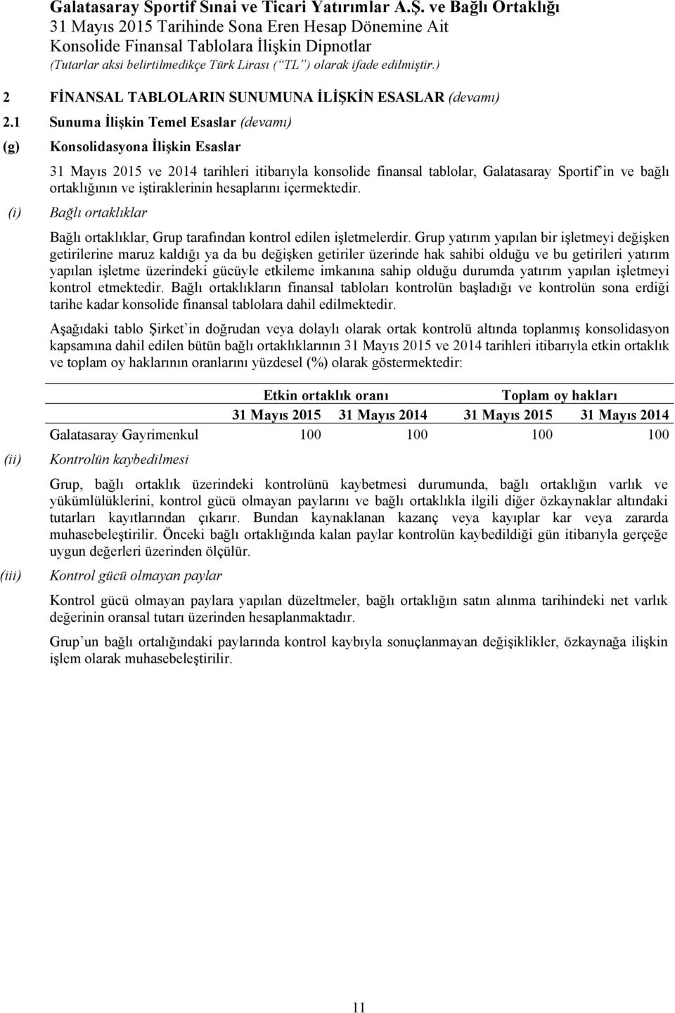 iştiraklerinin hesaplarını içermektedir. (i) Bağlı ortaklıklar Bağlı ortaklıklar, Grup tarafından kontrol edilen işletmelerdir.