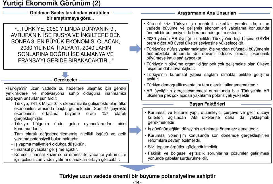 .. Gerekçeler Türkiye nin uzun vadede bu hedeflere ulaşmak için gerekli yetkinliklere ve motivasyona sahip olduğuna inanmamızı sağlayan unsurlarşunlardır: - Türkiye, 741,8 Milyar $ lık ekonomisi ile