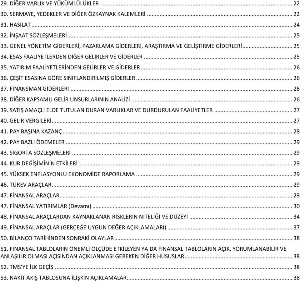 ÇEŞİT ESASINA GÖRE SINIFLANDIRILMIŞ GİDERLER... 26 37. FİNANSMAN GİDERLERİ... 26 38. DİĞER KAPSAMLI GELİR UNSURLARININ ANALİZİ... 26 39.