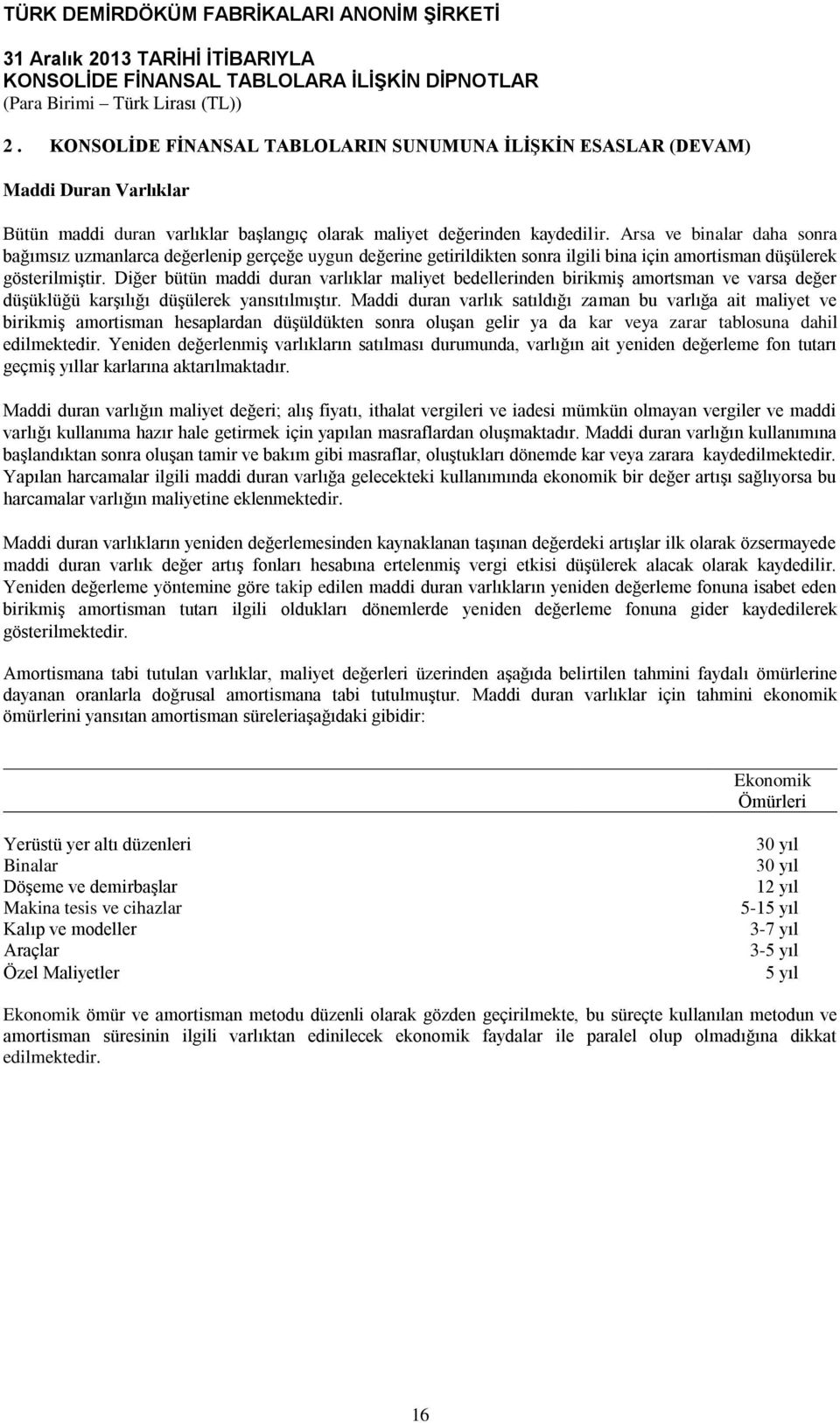 Diğer bütün maddi duran varlıklar maliyet bedellerinden birikmiş amortsman ve varsa değer düşüklüğü karşılığı düşülerek yansıtılmıştır.